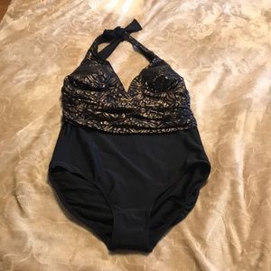 Catalina Black Animal Print Halter Style Swimsuit